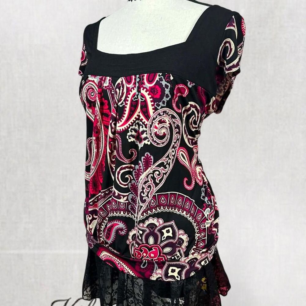 Y2K Goth Style Paisley Print Multicolored Square Neck Top with Open Back - Picture 2 of 6
